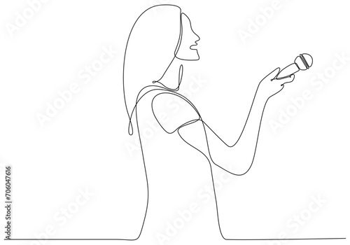 Journalist woman drawing a single line. Beautiful female reporter holding microphone. Newscaster broadcasts news with a reporter. Modern continuous line drawing design vector graphic illustration