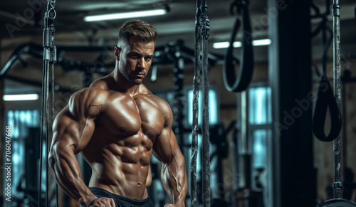 A powerful caucasian bodybuilder posing in the gym, showcasing well-defined muscles and strength, set against the backdrop of weightlifting equipment, intense and impressive, clear and focused