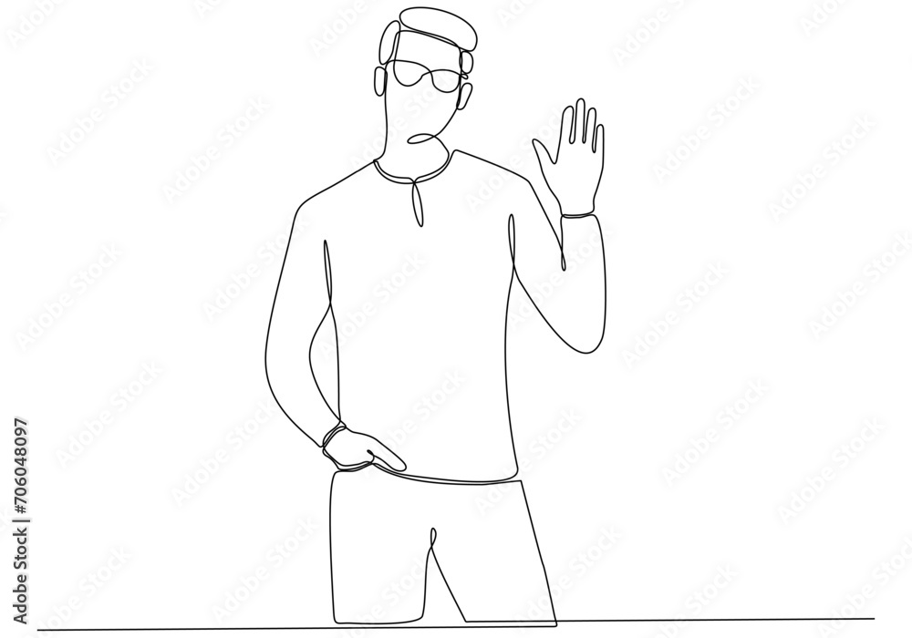 Continuous line of men Waving, Welcome.