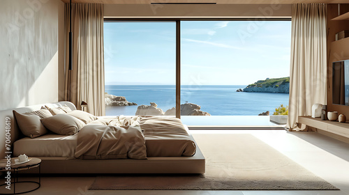Bed with beige bedding against big panoramic window with sea view. Boho interior design of modern bedroom  © Alin