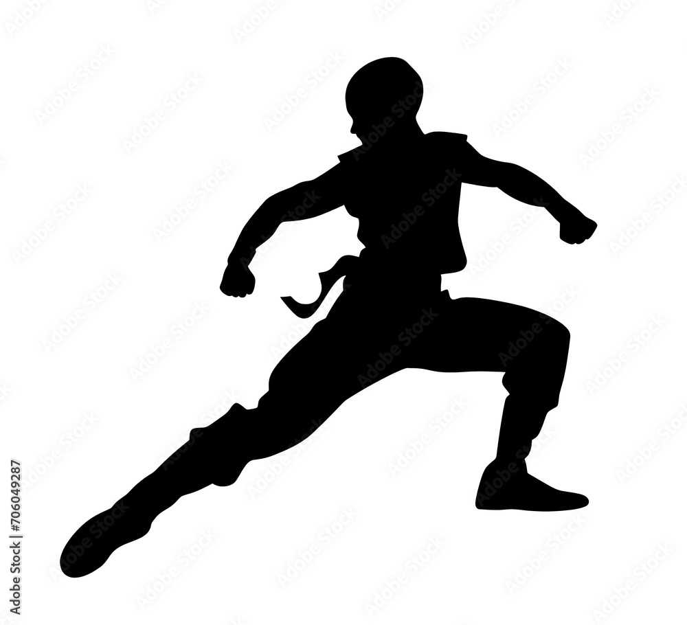 Black silhouette of a Fighter showing kung fu kicks transparent on background.
