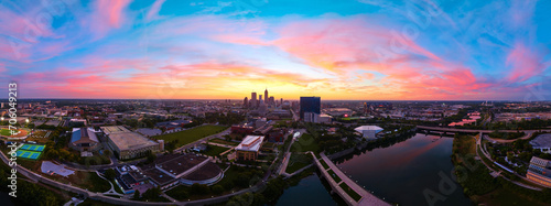 Aerial Panorama Indianapolis Skyline at Dusk with Reflective River
