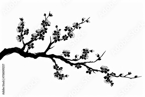 Black silhouette of a branch of a blooming cherry tree.