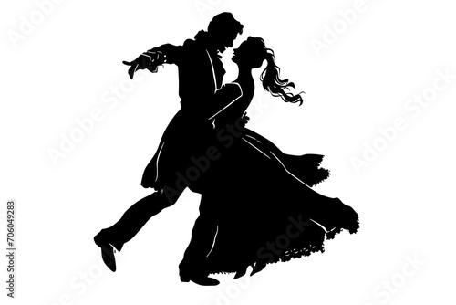 Black Silhouette of a couple dancing at an opera ball transparent on background.