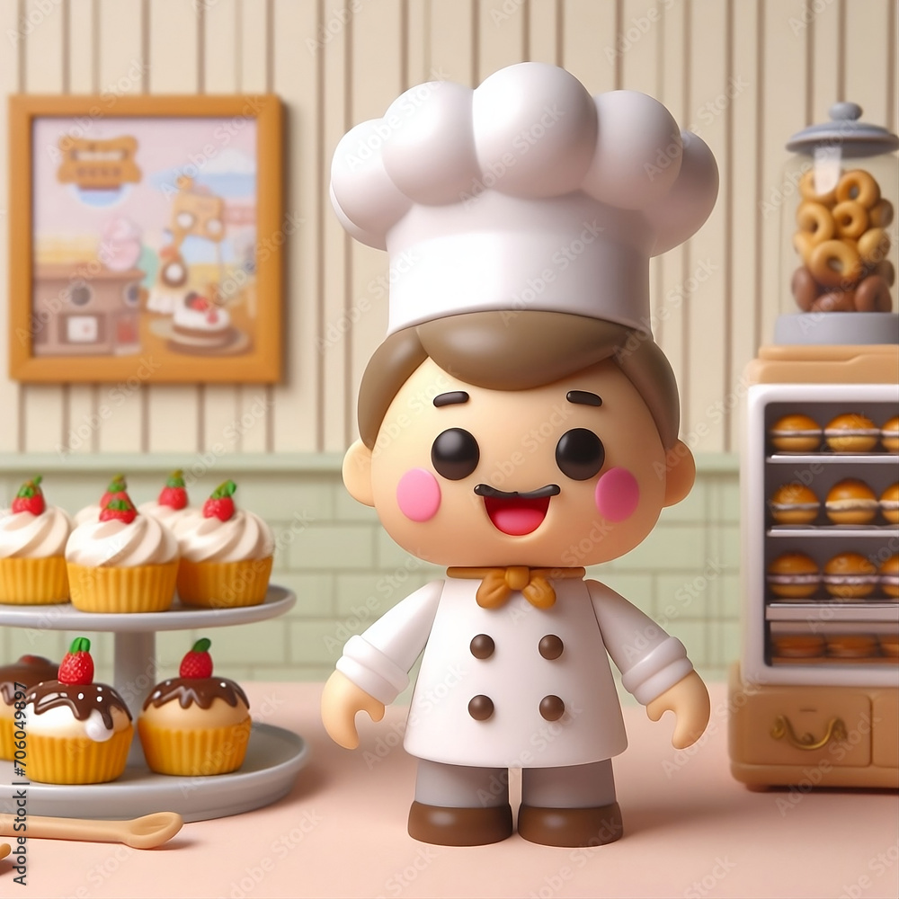 Delightful Toy Chef in a Miniature Bakery - Perfect for Children’s Book Illustrations, Bakery Advertisements, and the Concept of Joy in Cooking Delightful Toy Chef in a Miniature Bakery - Perfect for Children’s Book Illustrations, Bakery Advertisements, and the Concept of Joy in Cooking