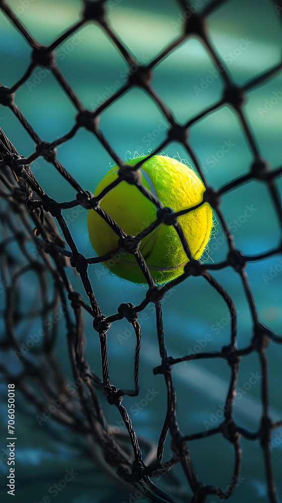 Tennis ball in net on the tennis court