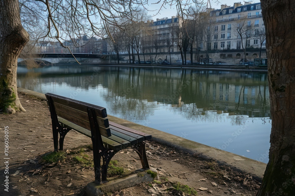 Quiet Contemplation, Empty Bench by the Riverside. Generative AI.