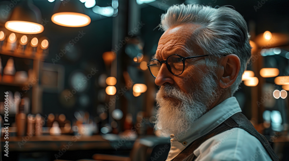 An elderly gentleman with a creative haircut in a modern barbershop, where luminous lights add pla - obrazy, fototapety, plakaty 