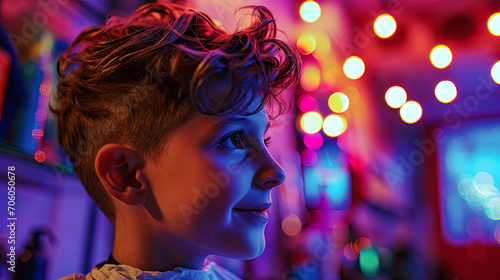 A children's image with a short hairstyle in a neon barbershop, where luminous lights create a joy