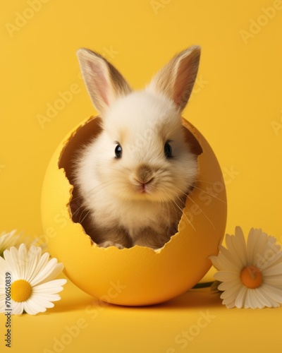 small fluffy bunny in an Easter egg shell among flowers on a yellow background