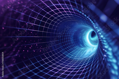 Abstract digital technology concept purple blue tunnel with glowing particles
