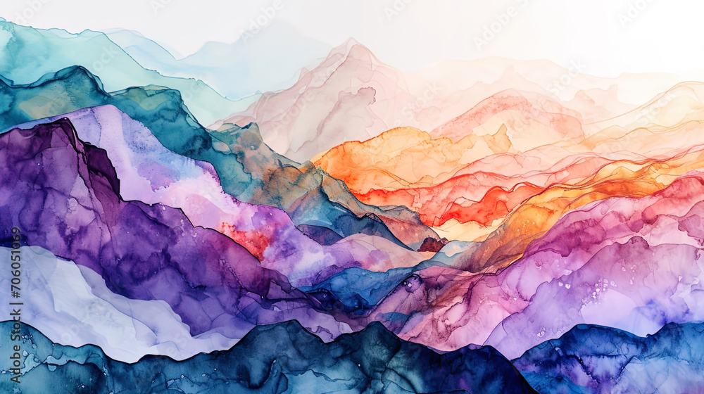 Abstract watercolor pattern, embodying the dynamics of a mountain landscape using unusual color so