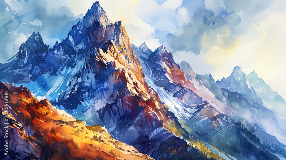 Expressive watercolor, in which mountain contours stand out in bright colors, creating the impress