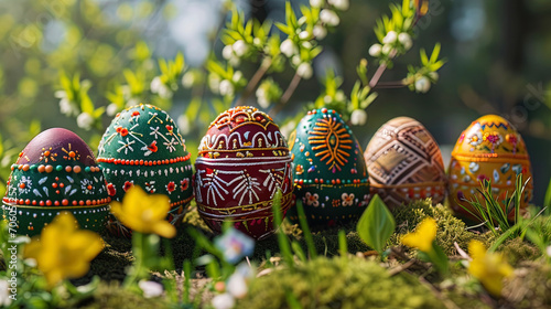 Easter eggs decorated with threads, beads and other decorative elements photo