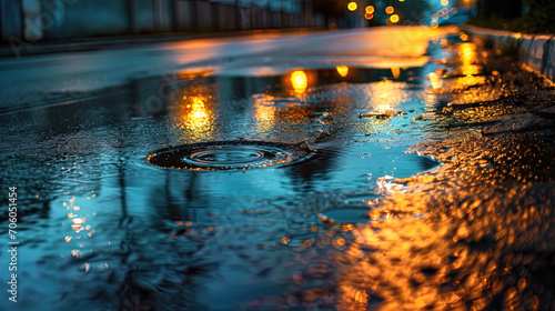 The reflection of the night city in puddles on the asphalt, like an abstract art, creating unusual