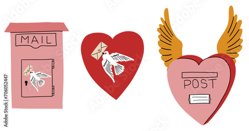 Valentine day collection. Hand drawn cartoon cute heart elements in retro vintage style. Mailbox or postbox shape set. Mail post box with wings and love letter. Valentine’s Day vector illustration.