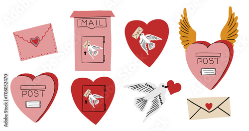 Valentine day collection. Hand drawn cartoon cute heart elements in retro vintage style. Mailbox or postbox shape set. Love bird mail, post box with wings. Valentine’s Day vector illustration.