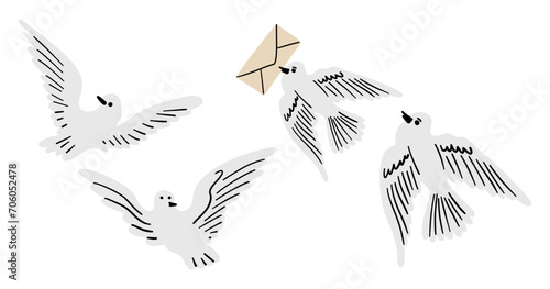 Bird mail collection. Dove with letter. Flying pigeon with envelope in beak. Hand drawing birds delivering post. Cartoon drawn vector illustration 