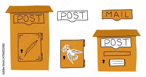 Mail collection. Vintage cartoon mailbox. Hand drawing postbox for delivery letters or packages. Retro post box with bird. Cartoon drawn vector illustration 