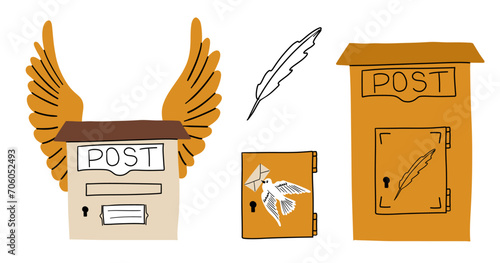 Mail collection. Vintage cartoon mailbox. Hand drawing postbox for delivery letters or packages. Retro post box with bird wings. Cartoon drawn vector illustration 