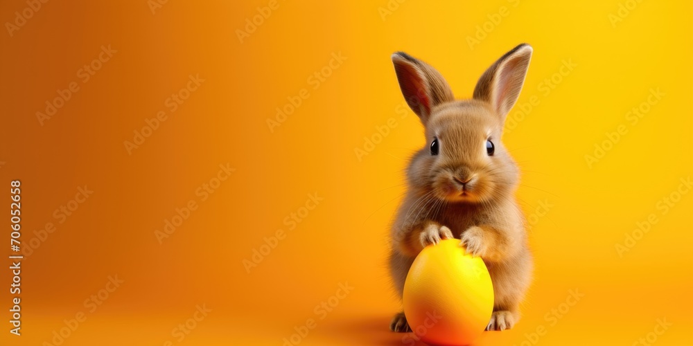 Bunny with Easter egg on orange background.
