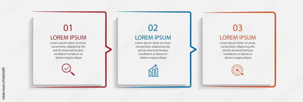 business infographic design 3 parts or steps containing icons, text and numbers, square designs and thin colored lines that are interconnected, for workflow diagrams, banners and your business