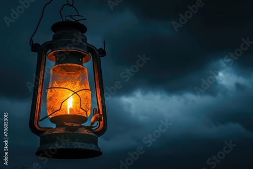 Illuminated lantern with a dark stormy sky in the background