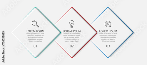 business infographic design 3 parts or steps containing icons, text and numbers, square designs and thin colored lines that are interconnected, for workflow diagrams, banners and your business