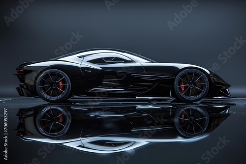 Sleek black sports car model on a dark reflective surface © furyon