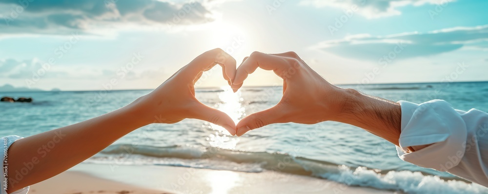 Two couple hands making heart symbol on sunset or sunrise beach background, love and compassion concept - obrazy, fototapety, plakaty 