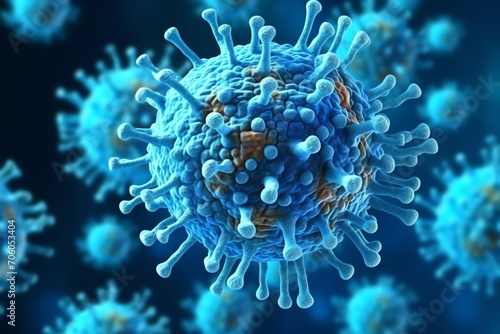 3D render of a medical with virus cells bacteria. Multiple realistic coronavirus particles floating