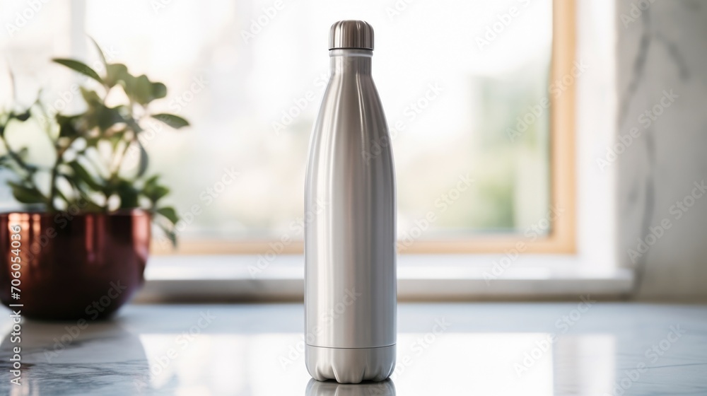 Closeup of a sleek stainless steel water bottle on a marble countertop.
