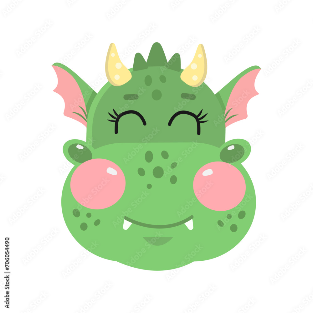 Vector illustration of cute kawaii happy, funny green face, head dragon with smiling eyes closed Vector illustration of cute kawaii happy, funny green face, head dragon with smiling eyes closed