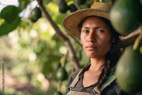 Latin American female worker posing in avocados harvest area