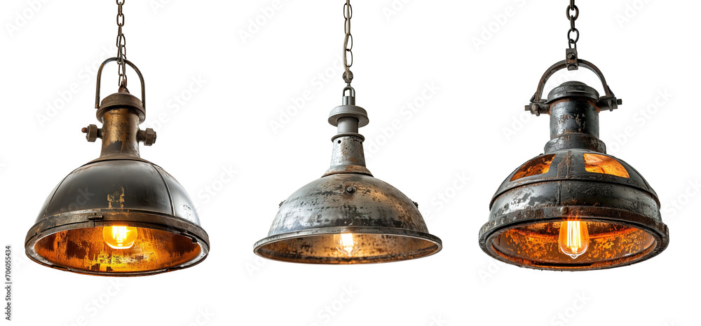 Vintage industrial style pendant lamps over isolated transparent background - obrazy, fototapety, plakaty 