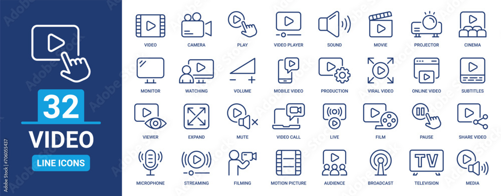 Video outline icon set. Containing movie, camera, cinema, media, film, viewer, TV, play, watching and more. Vector line icons collection. - obrazy, fototapety, plakaty 