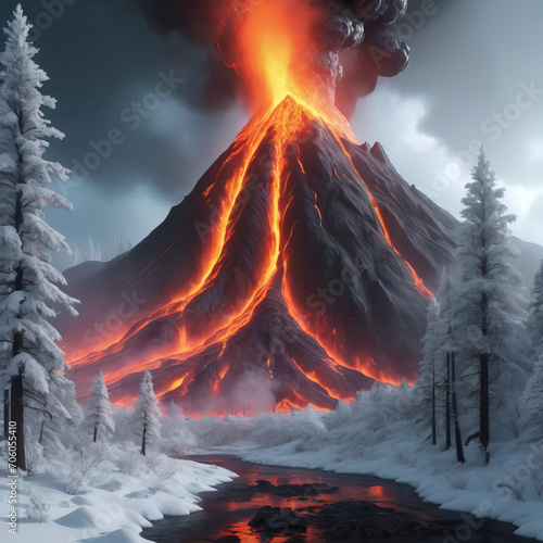 Futuristic Volcanic Eruption - Neon art with cybernetic enhancements and high-resolution realistic effects during a blizzard whiteout in a snow-covered forest Gen AI