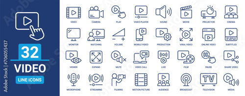 Video outline icon set. Containing movie, camera, cinema, media, film, viewer, TV, play, watching and more. Vector line icons collection.