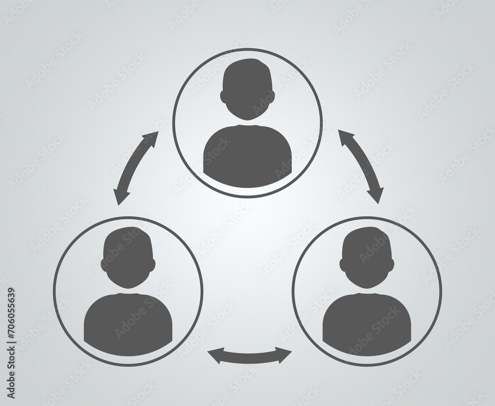 Human icons connected with double arrows on grey background, illustration. Multi-user system Human icons connected with double arrows on grey background, illustration. Multi-user system