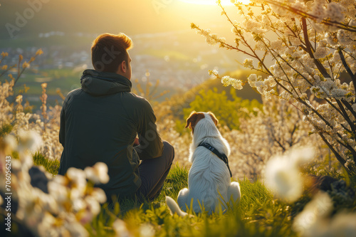 Male hiker and his pet dog admiring a scenic view in flowering meadow at spring. Adventurous young man with his dog friend. Hiking and trekking on a nature trail. Traveling by foot. photo