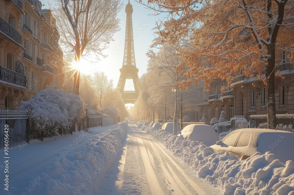 Beautiful typical Parisian street covered in snow in France. Sunny cold day on winter time.
