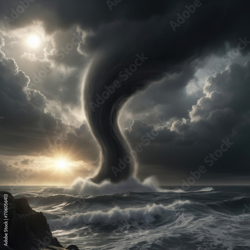 Dramatic Waterspout - a surreal waterspout swirling off the coast under a dramatic sky in a dystopian concept art Gen AI photo