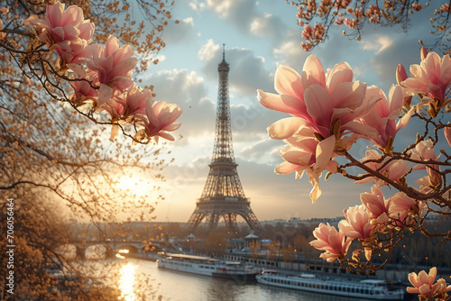 Typical Parisian postcard view of pink magnolia flowers in full bloom on a backdrop of French cityscape. Early spring in Paris, France. © MNStudio