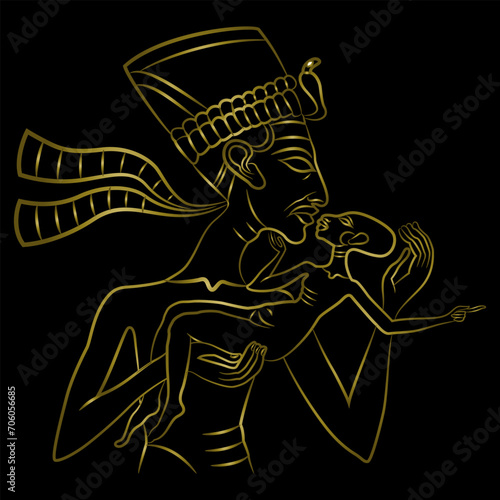 Ancient Egyptian pharaoh Akhenaton or queen Nefertiti holding and kissing a baby. Relief from Amarna. Golden linear silhouette on black background.