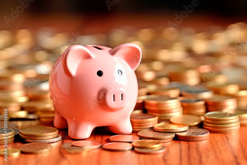 Money box. Coins fall on cute pink pig savings, financial and monetary contribution concept. Saving monetary wealth