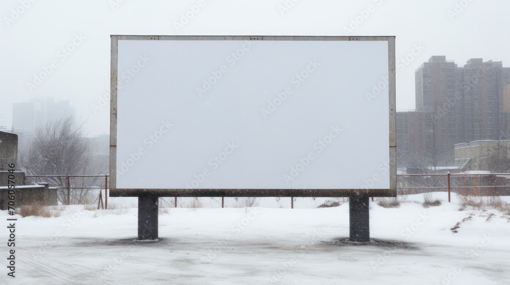 Fototapeta premium A blank billboard in a desolate snow-filled cityscape AI generated illustration