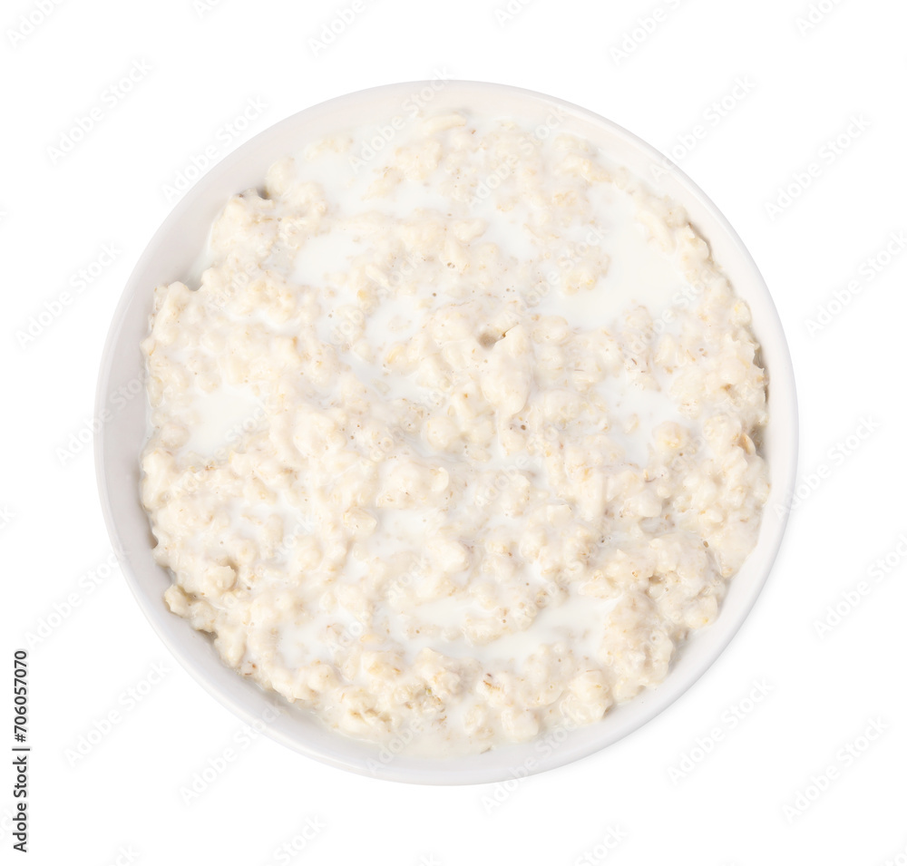 Tasty boiled oatmeal in bowl isolated on white, top view Tasty boiled oatmeal in bowl isolated on white, top view