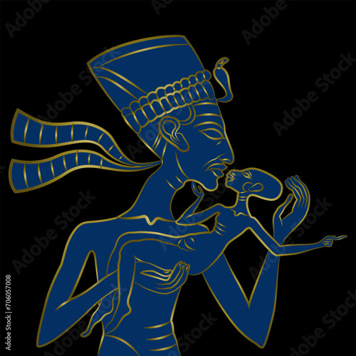 Ancient Egyptian pharaoh Akhenaton or queen Nefertiti holding and kissing a baby. Relief from Amarna. Gold end blue silhouette on black background.