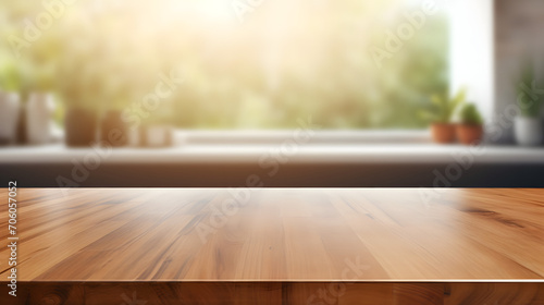 Empty beautiful wood table top counter and blur bokeh modern kitchen interior background in clean and bright,Banner, Ready for product montage. Generative AI illustration