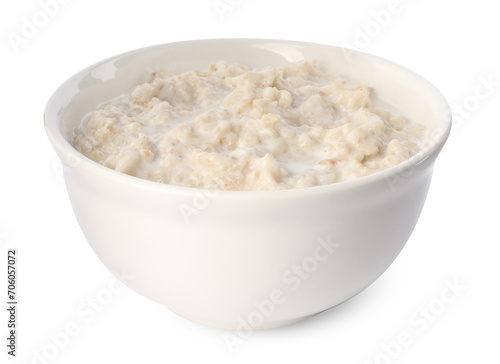 Tasty boiled oatmeal in bowl isolated on white
